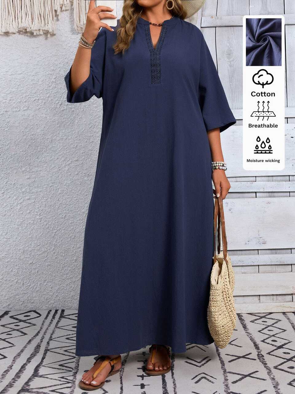 Plus Size Women's Summer Casual Traditional Vacation Country Solid Navy Blue 3/4 Sleeve Long Dress, Going Out Outfits, Beach, Flowy Dress, Fall