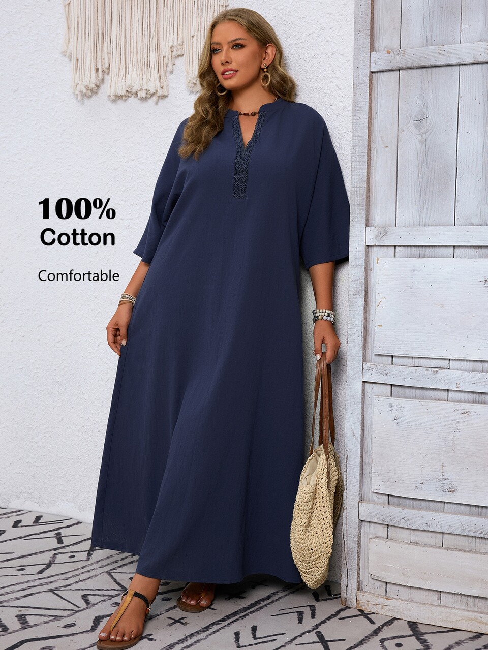Plus Size Women's Summer Casual Traditional Vacation Country Solid Navy Blue 3/4 Sleeve Long Dress, Going Out Outfits, Beach, Flowy Dress, Fall