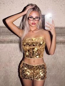 SHEIN ICON Y2K 闪亮短款上衣，性感派对宴会俱乐部服装 - 金色 - 查看 3