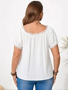 Rosumi Plus Size Women U-Neck Lace Trim Blouse - White - View 3