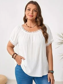 Rosumi Plus Size Women U-Neck Lace Trim Blouse - White - View 6