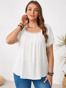 Rosumi Plus Size Women U-Neck Lace Trim Blouse - White - View 8