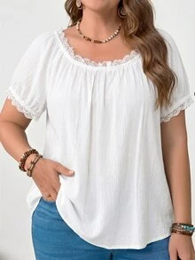 Rosumi Plus Size Women U-Neck Lace Trim Blouse - White - View 7