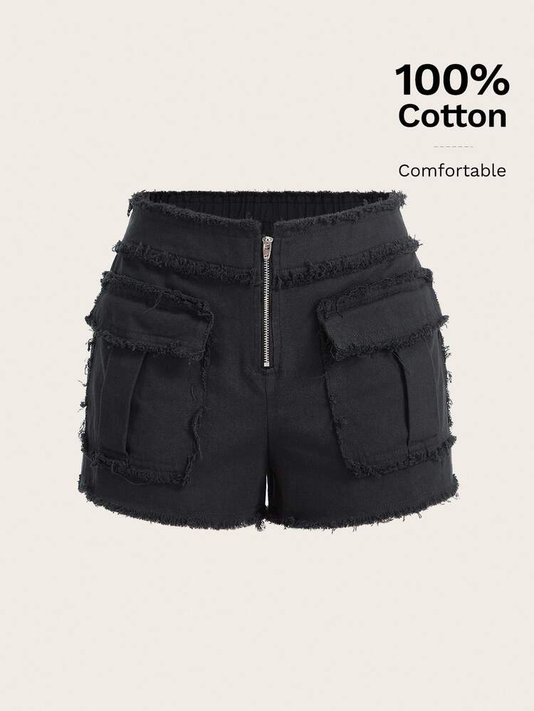 SHEIN ICON Zip Fly Flap Pocket Raw Trim Shorts - Black - View 3