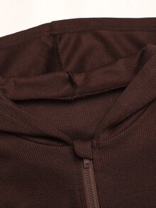 SHEIN 青少年女孩對比粉色膠帶裝飾純色棕色套頭帽 T 寬腿褲 2件/套 - 棕色 - 查看 5
