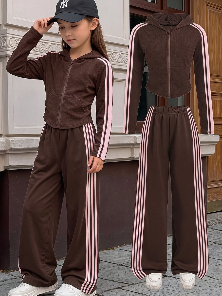 SHEIN 青少年女孩對比粉色膠帶裝飾純色棕色套頭帽 T 寬腿褲 2件/套 - 棕色 - 查看 1