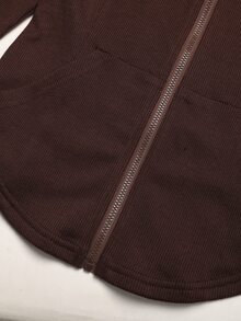 SHEIN 青少年女孩對比粉色膠帶裝飾純色棕色套頭帽 T 寬腿褲 2件/套 - 棕色 - 查看 6