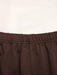 SHEIN 青少年女孩對比粉色膠帶裝飾純色棕色套頭帽 T 寬腿褲 2件/套 - 棕色 - 查看 8