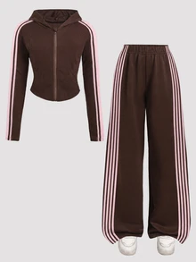 SHEIN 青少年女孩對比粉色膠帶裝飾純色棕色套頭帽 T 寬腿褲 2件/套 - 棕色 - 查看 2
