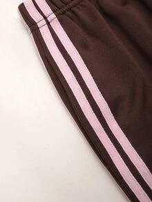 SHEIN 青少年女孩對比粉色膠帶裝飾純色棕色套頭帽 T 寬腿褲 2件/套 - 棕色 - 查看 9