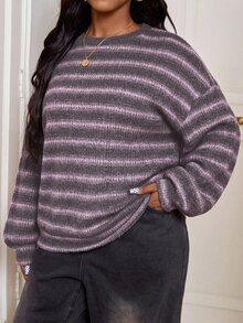 SHEIN PETITE CURVE 大尺碼圓領條紋秋季休閒傳統Y2K 90年代機場辦公度假T恤 - 彩色 - 查看 5