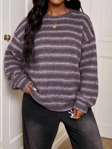 SHEIN PETITE CURVE 大尺碼圓領條紋秋季休閒傳統Y2K 90年代機場辦公度假T恤 - 彩色 - 查看 3