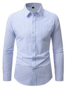 Manfinity Mode Men's Striped Casual Versatile Daily Wear Long Sleeve Shirt - Blue and White - View 3