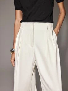 Anewsta Essential Elegant Modest Versatile Casual Outing Work Office Commute Women's Off-White Loose Long Pants Minimalist Old Money Style Business Banquet Fall - Apricot - View 3