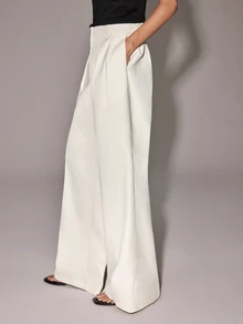 Anewsta Essential Elegant Modest Versatile Casual Outing Work Office Commute Women's Off-White Loose Long Pants Minimalist Old Money Style Business Banquet Fall - Apricot - View 5