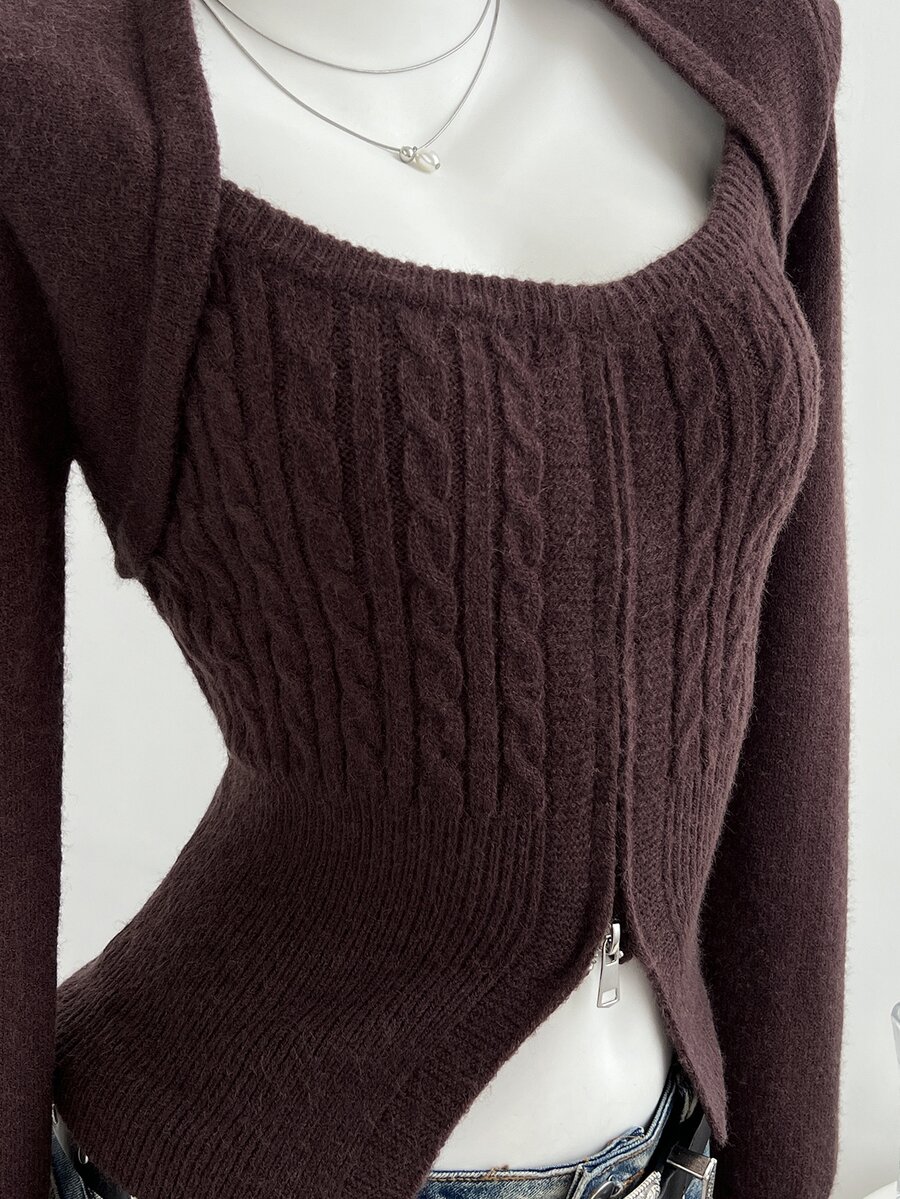 Elamini Women's Casual Fitted Front Zipper Sweater, Autumn/Winter - Brown - View 1