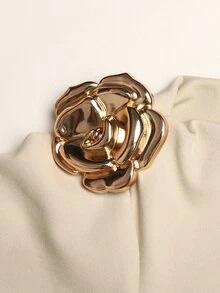 SHEIN 青少年女孩優雅奶油色細節不對稱喇叭袖不對稱肩長袖洋裝 秋冬長袖洋裝 優雅派對 - 杏色 - 查看 5
