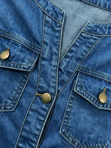 EMERY ROSE Women's Notched V-Neck Long Sleeve Single-Breasted Casual Denim Top Fall/Winter Going Out Tops - Blue - View 6
