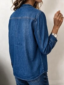 EMERY ROSE Women's Half-Zip Casual Western Versatile Denim Top For Daily Wear Autumn Going Out Everyday Tops Blue - Blue - View 3