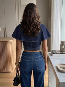 Firerie Women's Cape Design Double-Breasted Fashion Denim Jacket Fall/Winter Going Out Tops - Blue - View 7