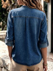 EMERY ROSE Women's Notch V-Neck Rolled Sleeve Pocket Casual Denim Top - Blue - View 1