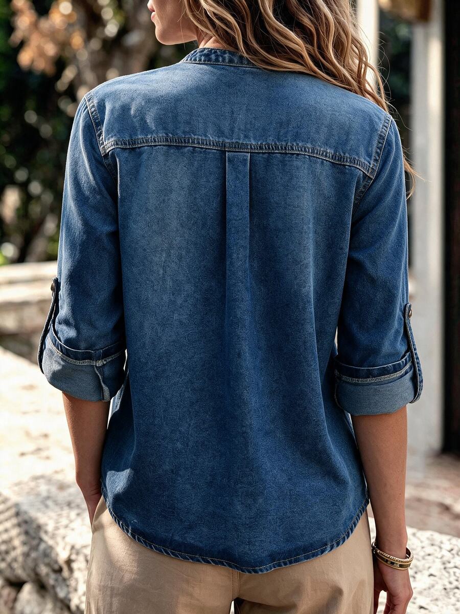 EMERY ROSE Women's Notch V-Neck Rolled Sleeve Pocket Casual Denim Top - Blue - View 1