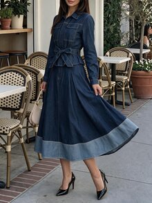 Firerie Women's Knotted Waist Long Sleeve Top And Pleated Skirt Casual Daily Denim Outfit Fall/Winter - Blue - View 9