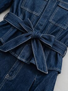 Firerie Women's Knotted Waist Long Sleeve Top And Pleated Skirt Casual Daily Denim Outfit Fall/Winter - Blue - View 5