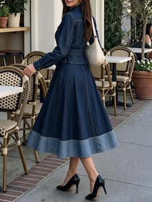 Firerie Women's Knotted Waist Long Sleeve Top And Pleated Skirt Casual Daily Denim Outfit Fall/Winter - Blue - View 3