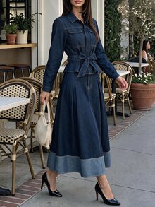Firerie Women's Knotted Waist Long Sleeve Top And Pleated Skirt Casual Daily Denim Outfit Fall/Winter - Blue - View 8