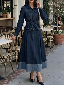 Firerie Women's Knotted Waist Long Sleeve Top And Pleated Skirt Casual Daily Denim Outfit Fall/Winter - Blue - View 7