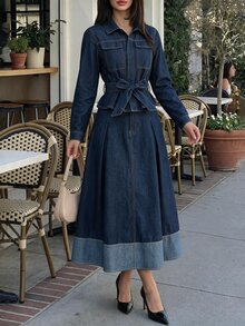 Firerie Women's Knotted Waist Long Sleeve Top And Pleated Skirt Casual Daily Denim Outfit Fall/Winter - Blue - View 2