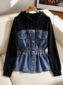 SHEIN Clasi Women's Designer Patchwork Button Ruched Waist Denim Top Fall/Winter,Denim Patchwork Hoodie Jacket,Elastic Cinched Waist Peplum Hem,Halloween,Christm - Blue - View 2