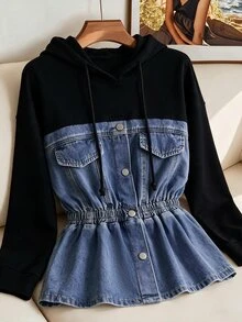 SHEIN Clasi Women's Designer Patchwork Button Ruched Waist Denim Top Fall/Winter,Denim Patchwork Hoodie Jacket,Elastic Cinched Waist Peplum Hem,Halloween,Christm - Blue - View 3