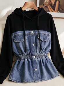 SHEIN Clasi Women's Designer Patchwork Button Ruched Waist Denim Top Fall/Winter,Denim Patchwork Hoodie Jacket,Elastic Cinched Waist Peplum Hem,Halloween,Christm - Blue - View 4