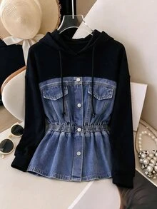 SHEIN Clasi Women's Designer Patchwork Button Ruched Waist Denim Top Fall/Winter,Denim Patchwork Hoodie Jacket,Elastic Cinched Waist Peplum Hem,Halloween,Christm - Blue - View 5