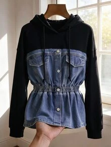 SHEIN Clasi Women's Designer Patchwork Button Ruched Waist Denim Top Fall/Winter,Denim Patchwork Hoodie Jacket,Elastic Cinched Waist Peplum Hem,Halloween,Christm - Blue - View 1