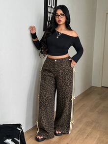 Coolane Celana Jeans Denim Motif Leopard Ukuran Besar dengan Hiasan Pita, Celana Jeans Kaki Lebar Motif Leopard, Celana Jeans Leopard Genit, Motif Hewan Y2K, Halloween, Natal, Imut, Gyaru - Coklat - View 3