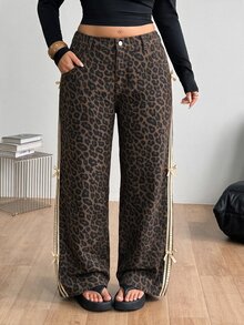 Coolane Celana Jeans Denim Motif Leopard Ukuran Besar dengan Hiasan Pita, Celana Jeans Kaki Lebar Motif Leopard, Celana Jeans Leopard Genit, Motif Hewan Y2K, Halloween, Natal, Imut, Gyaru - Coklat - View 8