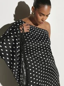 KSTM One Shoulder Polka Dot Mini Dress With Tassel Fringe Hem And Cape Sleeve Party Night Out Summer Holiday - Black and White - View 6