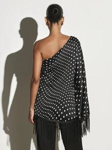 KSTM One Shoulder Polka Dot Mini Dress With Tassel Fringe Hem And Cape Sleeve Party Night Out Summer Holiday - Black and White - View 3