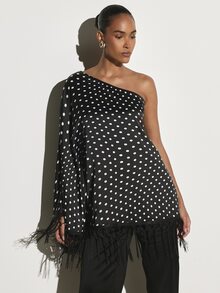 KSTM One Shoulder Polka Dot Mini Dress With Tassel Fringe Hem And Cape Sleeve Party Night Out Summer Holiday - Black and White - View 2