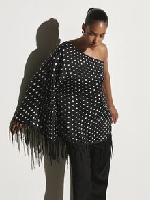 KSTM One Shoulder Polka Dot Mini Dress With Tassel Fringe Hem And Cape Sleeve Party Night Out Summer Holiday - Black and White - View 5