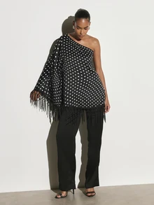 KSTM One Shoulder Polka Dot Mini Dress With Tassel Fringe Hem And Cape Sleeve Party Night Out Summer Holiday - Black and White - View 4