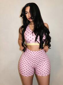 BamGleam 2026 Spring/Summer New Polka Dot Print Slim Fit Sweet Women's Sports Yoga Top - Pink - View 4