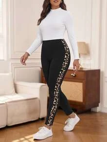 Rosumi Plus Size Casual Cowboy Everyday Work Office Black Patchwork Stretch Leggings, Autumn,Summer/Spring - Black - View 5