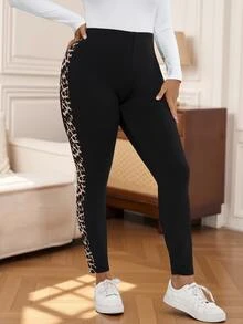 Rosumi Plus Size Casual Cowboy Everyday Work Office Black Patchwork Stretch Leggings, Autumn,Summer/Spring - Black - View 3
