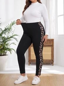 Rosumi Plus Size Casual Cowboy Everyday Work Office Black Patchwork Stretch Leggings, Autumn,Summer/Spring - Black - View 4
