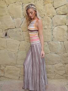 Summer Sherwood Women's Striped Round Neck Sleeveless Fitted Knit Dress - Pink - View 4