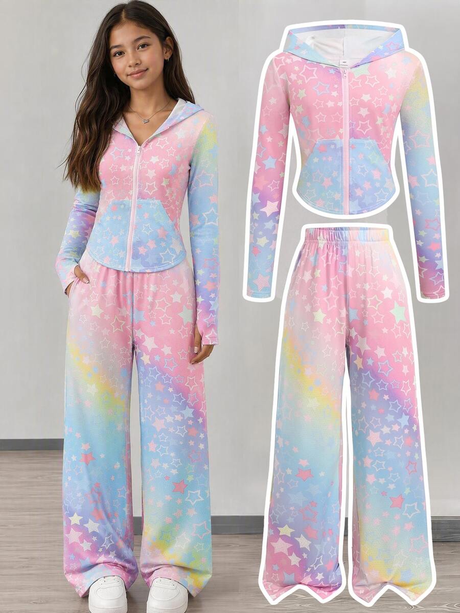 SHEIN Kids Girls Rainbow Star Print Hooded Jacket & Wide Leg Pants 2pcs Set, Street Sports Style, Back To School, College Style - Multicolor - View 1